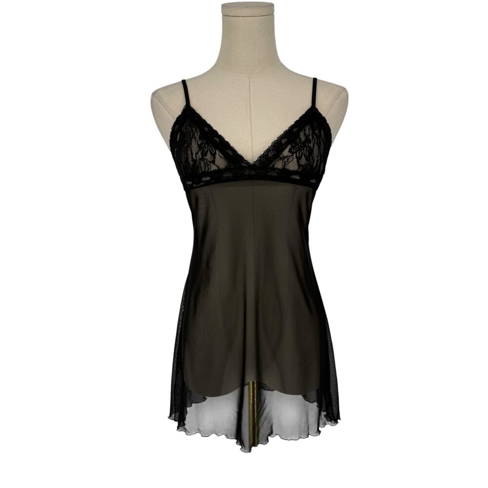 Fredericks of Hollywood Vintage Babydoll Camisole Sheer Lace Trim Slip Black Y2K